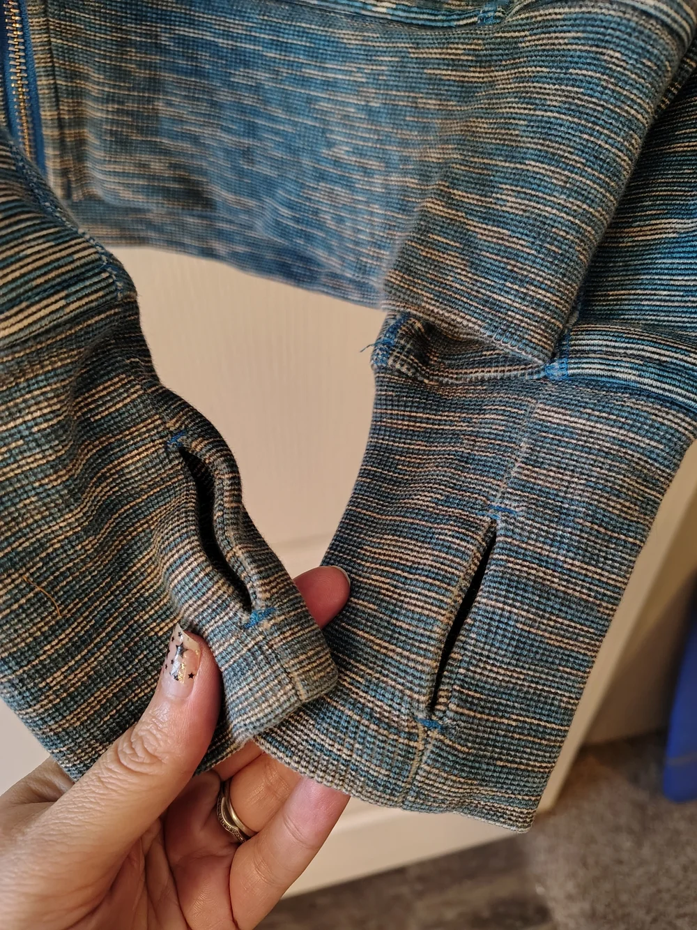 lululemon athletica Blue and Tan Striped Wee Are From Space Scuba Hoodie